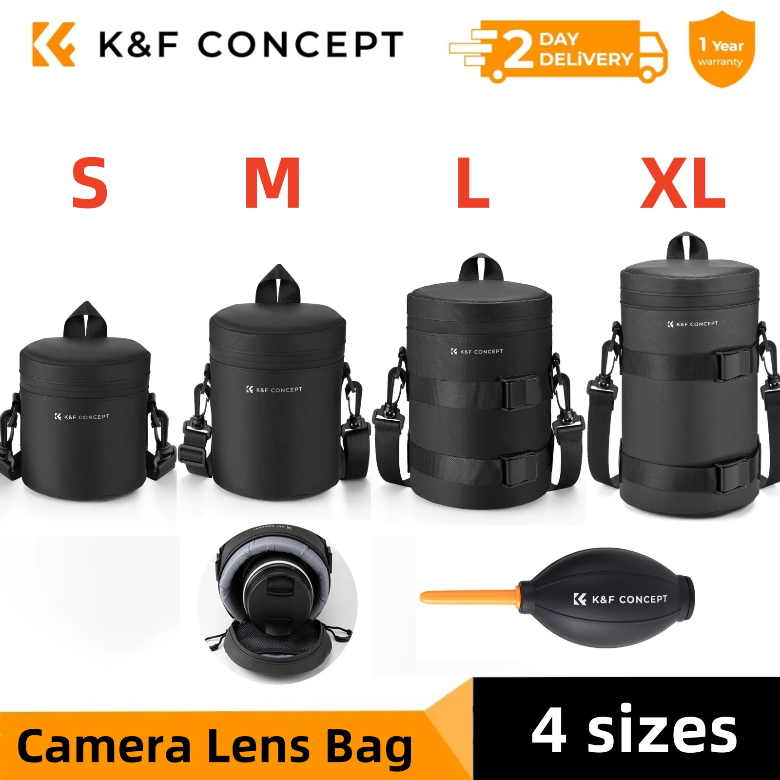 K&F CONCEPT Camera Lens Pouch Cases for Multiple Size 1-22cm Camera Lens Bags Waterproof Zipper Lens Protective Bag XL/L/M/S