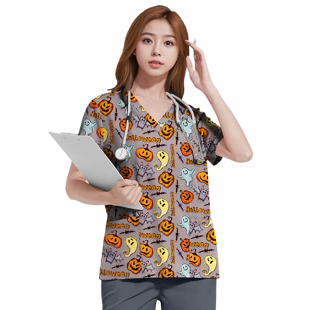 Print Medical Scrub Set Neutral Pattern V Neck Multi Pocket Elastic Drawstring Straight Pants Pediatric Nurse Vet Beautician