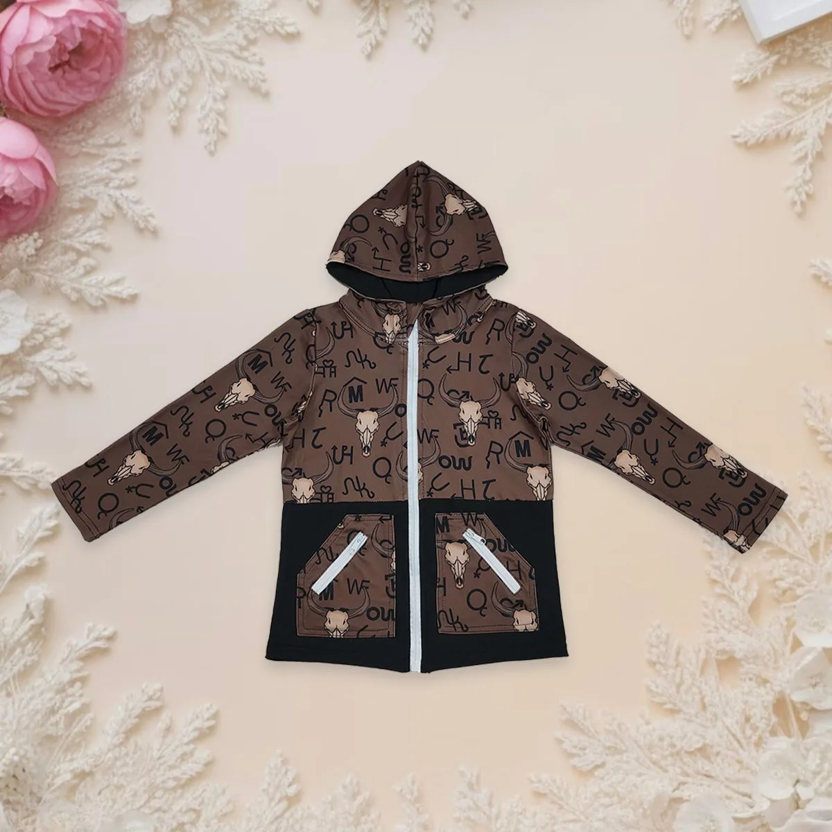 

Baby Boy Brown Bull Skulls Sweatshirt Western Kids Children Zipper Pocket Toddler Long Sleeve Hoodie Sportswear Shirt Clothes