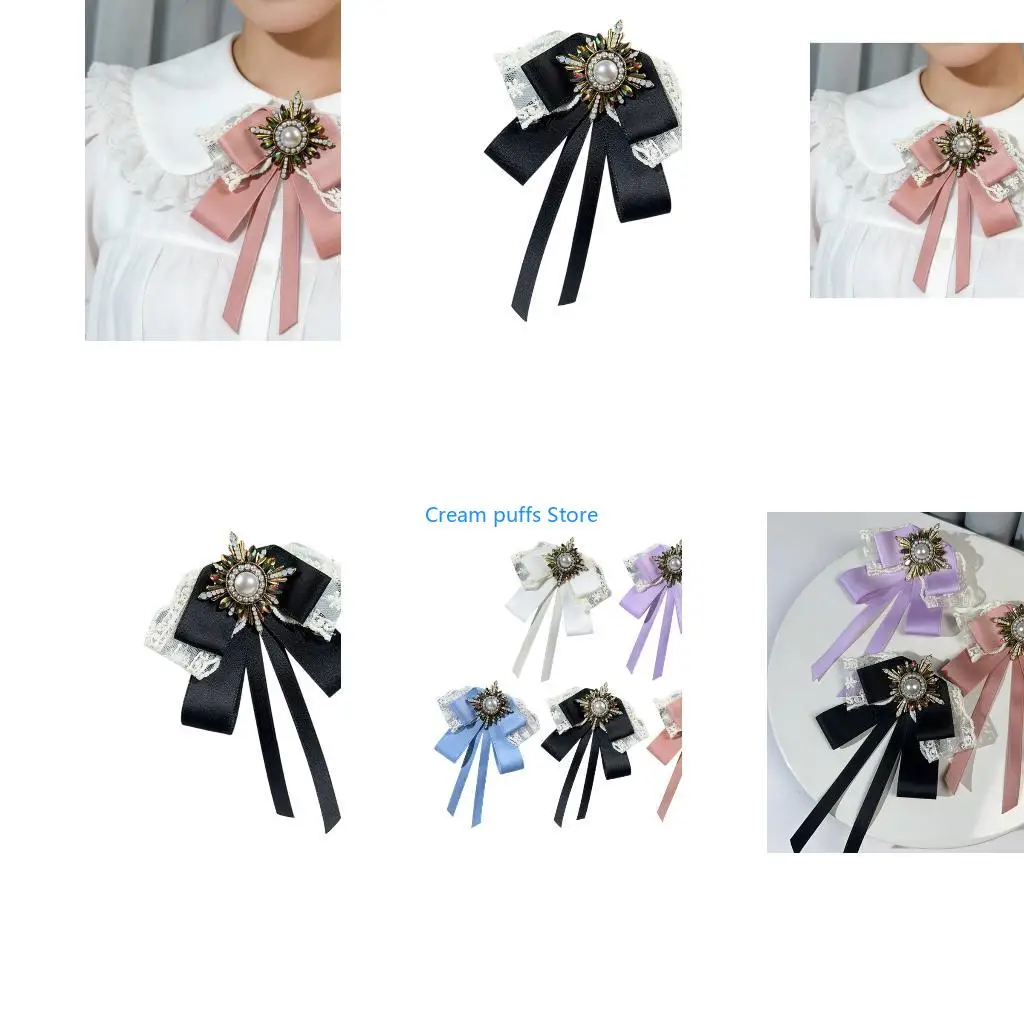 50LE Lace Ribbon Tie Collar Flower Detachable Brooch Pin Hand Embroidered Traditional Korean For Women Shirt Dress Wedding