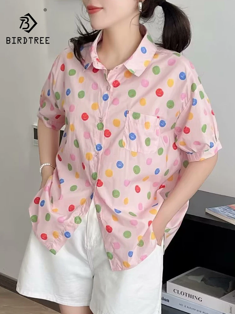 

New Spring Cotton Casual Dot Printed Shirts Women Lapel Loose Sweet Blouses Girl Short Sleeve Commute Tops 2024 Summer T45554QC