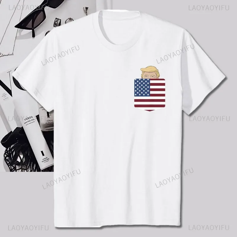 Trump in Your Pocket Cotton T Shirts USA Funny Trump for 2024 Peeking Pocket T-Shirt Fashion streetwear Man Women Short-sleev