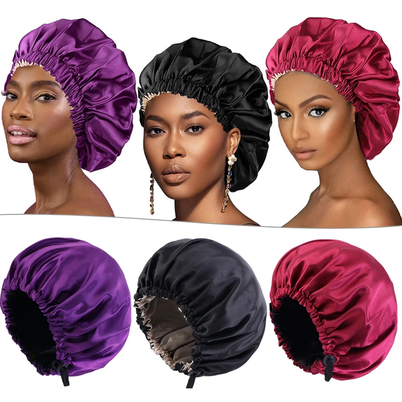 Women Night Sleep Hair Caps Silky Bonnet Satin Double Layer Adjust Head Cover Hat For Curly Springy Hair Styling Accessories