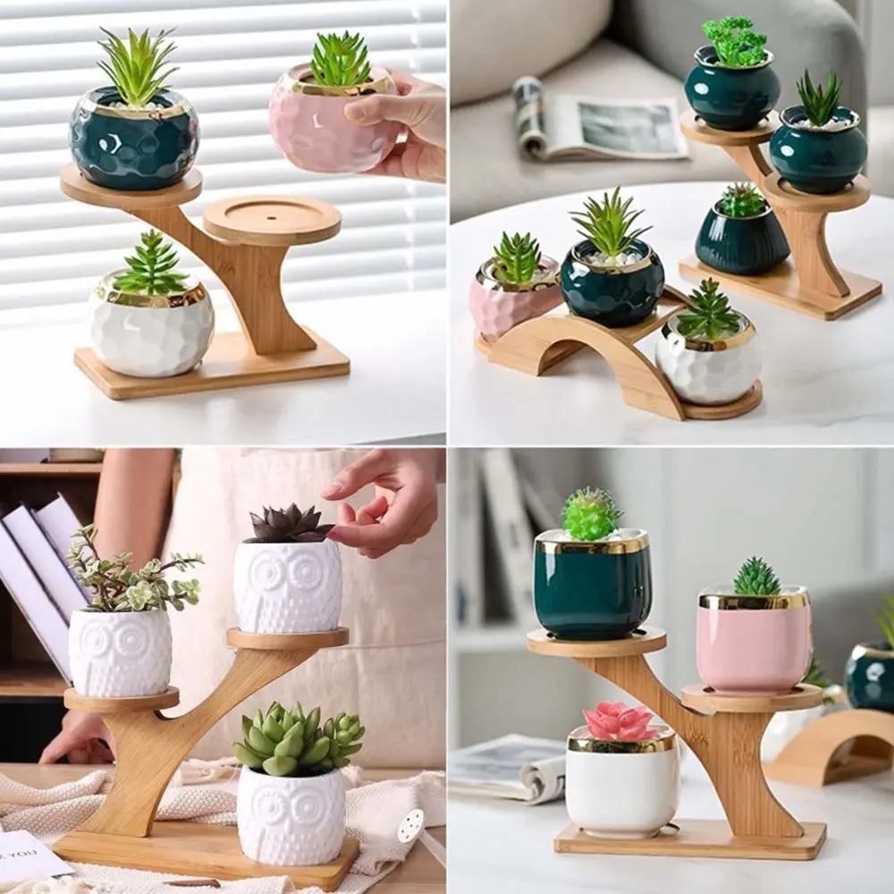 Bamboo Wood Tray 3-Layers Flowerpot Holder Succulents Bonsai Organizer Gardening Supplies Home Decoration Desktop Ornament Gift