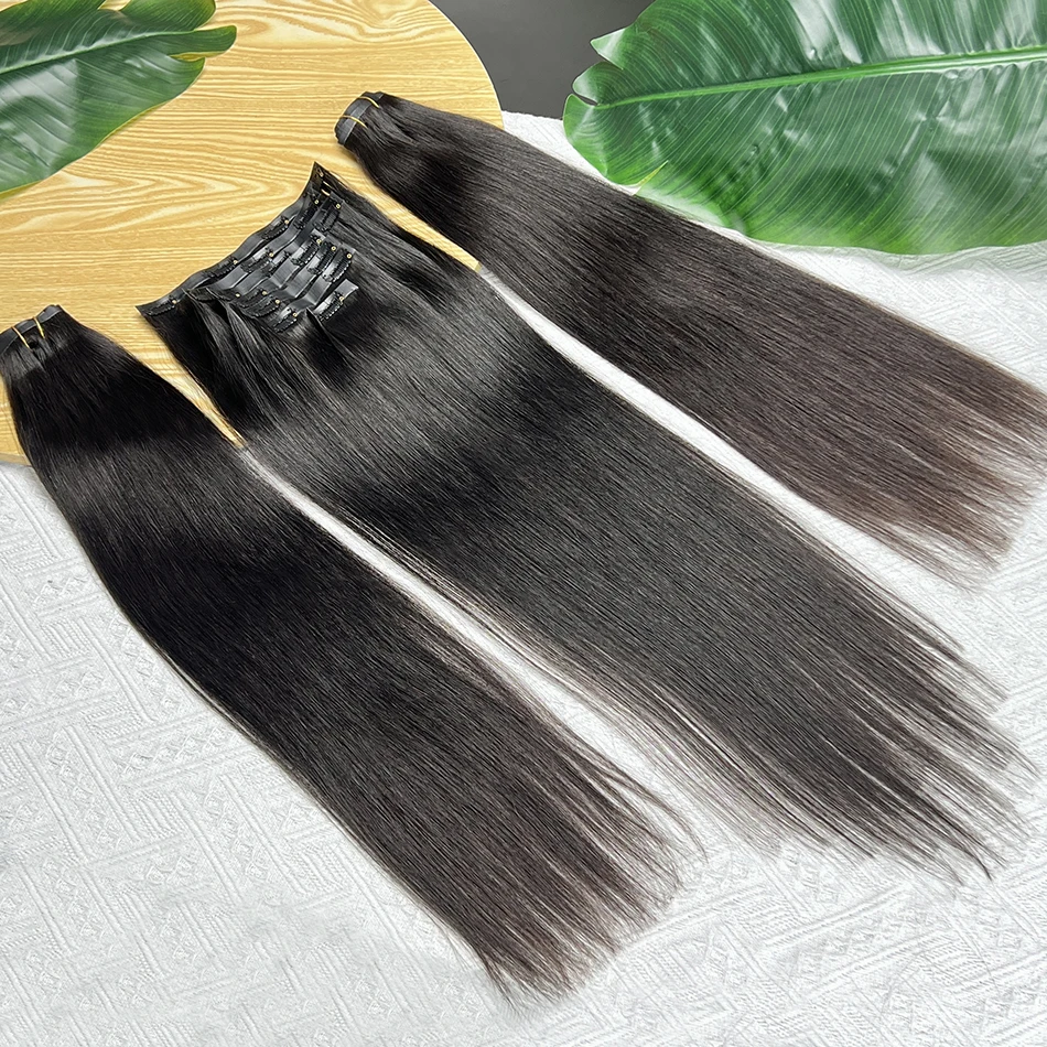 وصلات شعر بشري بمشبك مستقيم 100 جرام 7 قطع/مجموعة # 1B مشابك لحمة من البولي يوريثان بدون خياطة باللون الأسود الطبيعي في الشعر الفيتنامي