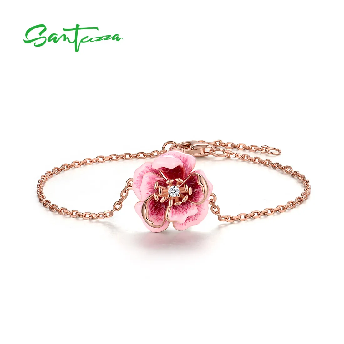 

SANTUZZA Real 925 Sterling Silver Adjustable Bracelet For Women Elegant Pink Enamel Flower Wedding Anniversary Gift Fine Jewelry