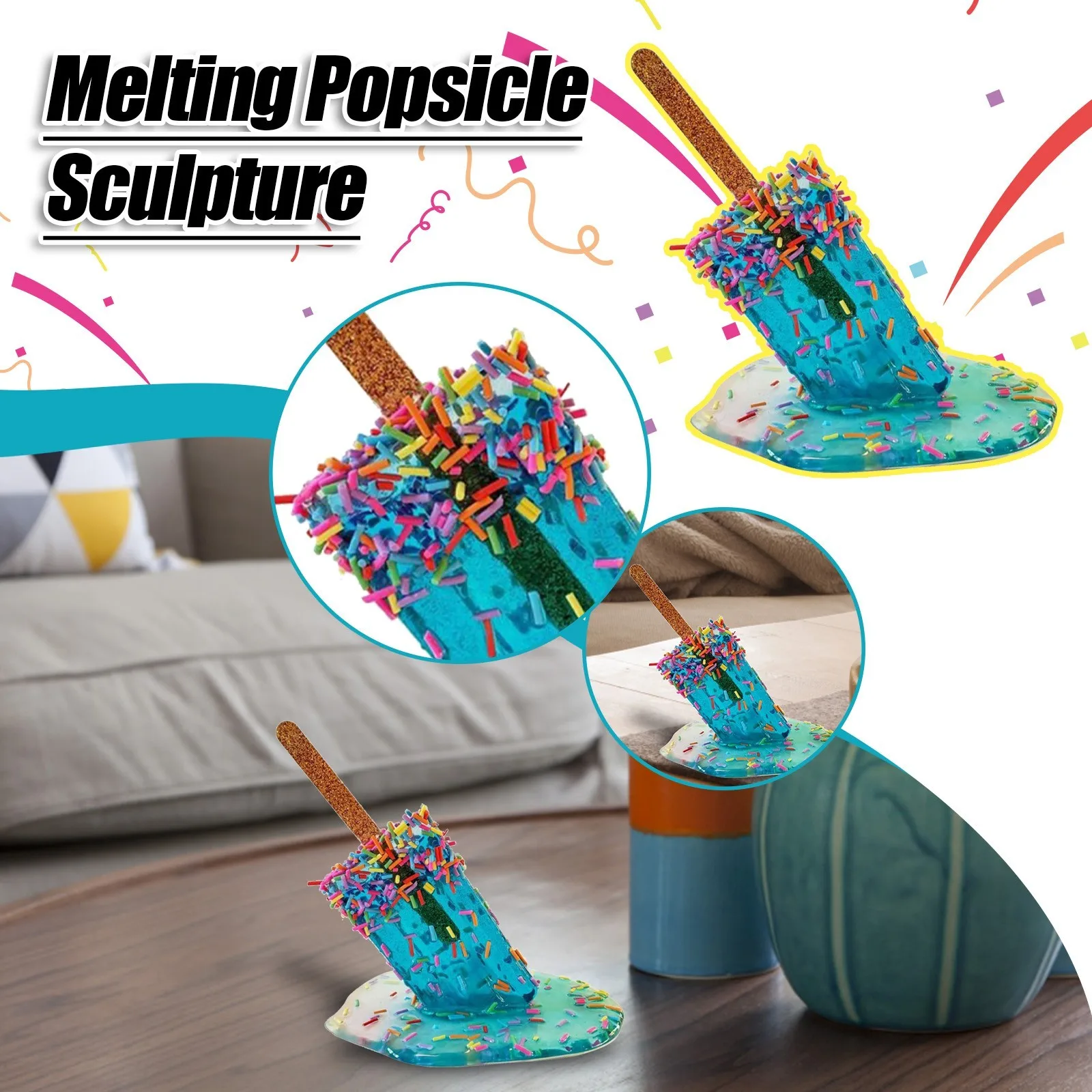 Melting Ice Cream Model Ornaments Realistic Artificial Lollipop Melting Popsicle Sculpture Resin Crafts Summer Cool Popsicle