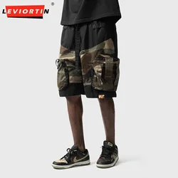 Hip Hop Mens Camo Shorts Pants Summer Multi Pocket Camouflage Patchwork Retro High Street Male Wide Leg Five Point Cargo Pants