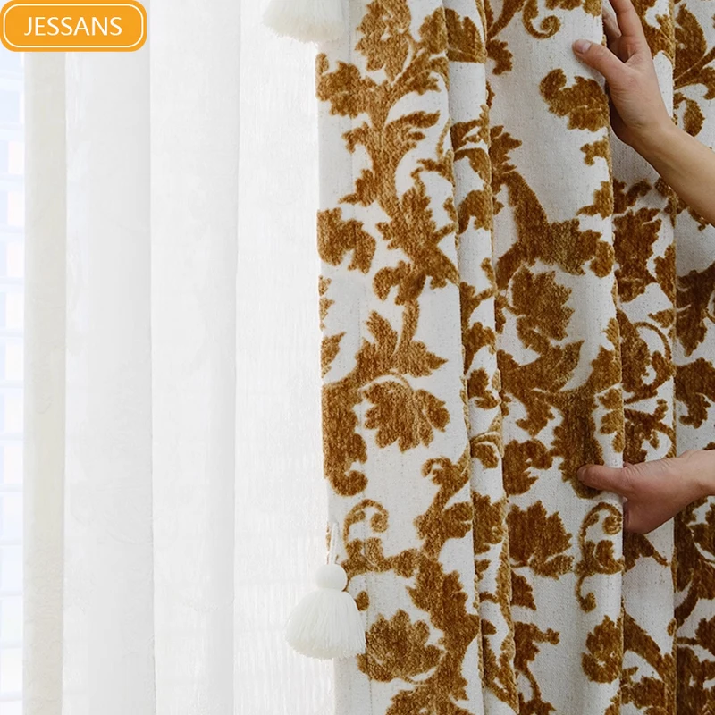 French Jacquard Chenille Blackout Curtains for Living Room Bedroom French Window Balcony Bay Window Orange Cream Partition