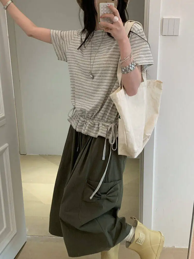 

Summer 2026 High Waist Wide Leg Casual Pants Korean Style Versatile Bow Side Knot Large Pocket Eighteen Length