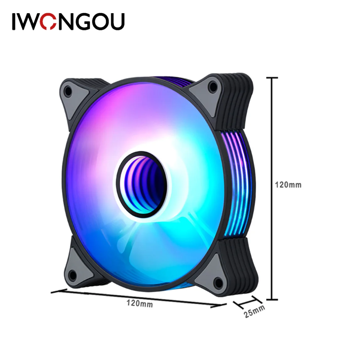 IWONGOU 120mm ARGB PC Case Fan Rubber Shock Absorbing Pad PWM Low Noise Cooler Aura Sync Mystic Light Polychrome Sync Black