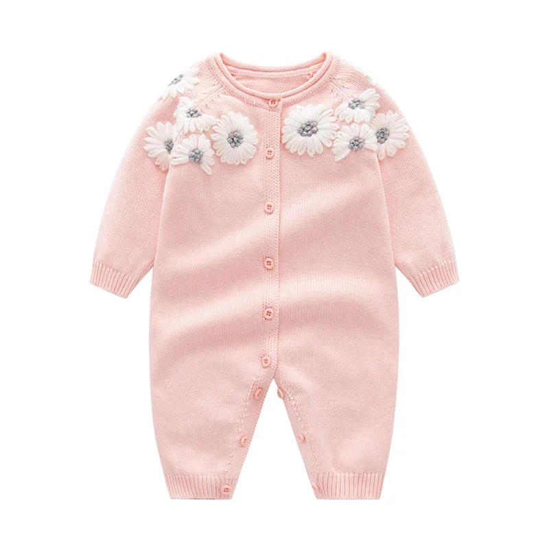 0-24M Flower Embroidery Baby Girl Romper Sweater Newborn Kid Winter Clothes Long Sleeve Knit Jumpsuit Cute Sweet Outfit