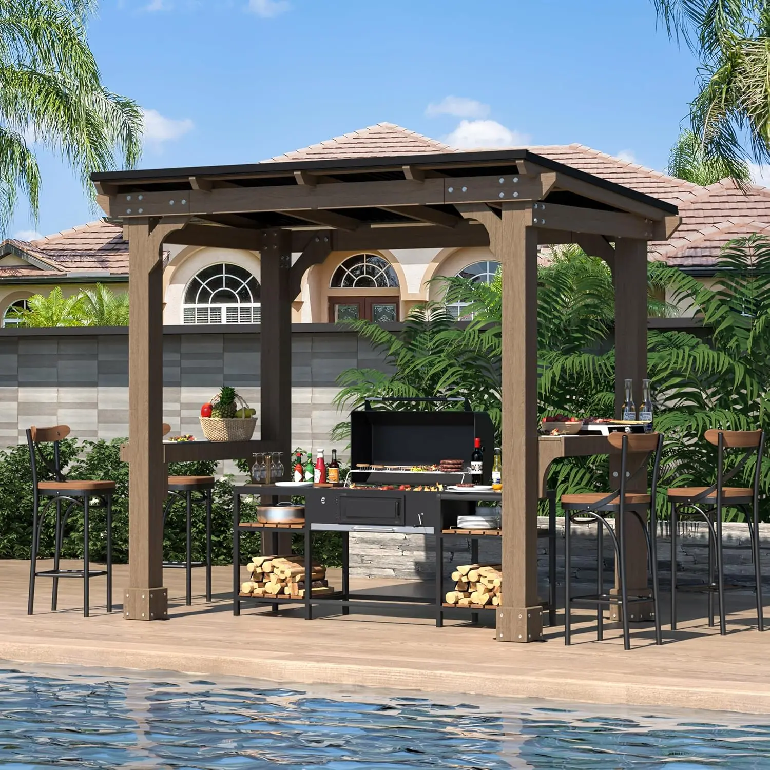 8'x5' Grill Gazebo Hardtop Metal Roof Rainwater Drainage Wood Frame BBQ Patio Backyard Garden, Customized