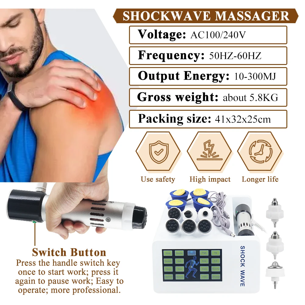 300MJ العلاج الطبيعي آلة العلاج بالمستخدمين EMS مدلك محمول لعلاج الضعف الجنسي تخفيف الخصر آلام الرقبة موجة الصدمة مدلك