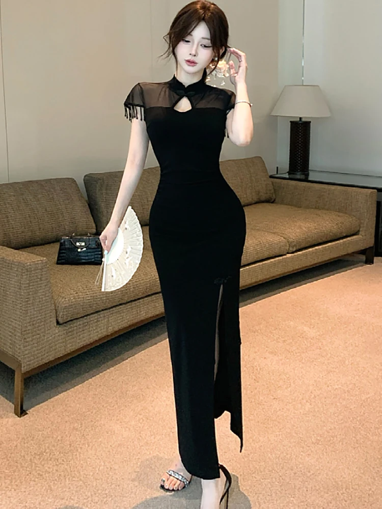 Schwarzes Patchwork-Mesh-transparentes sexy langes Kleid für Frauen 2025, koreanisches Vintage-Luxus-Abschlussballkleid, Sommer, elegantes, figurbetontes Abendkleid