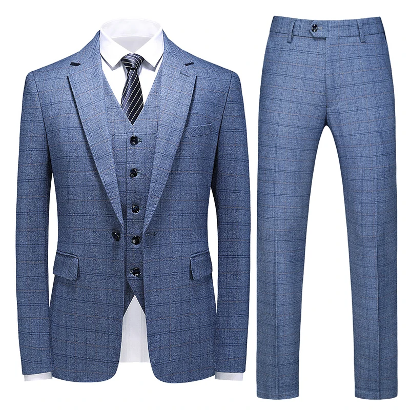 

(Jackets + Vest + Pant) Blue Plaid Tuxedo Groom Suits For Men Wedding Costume 3 Pieces Set Men's Formal Casual Suit Prom Wear