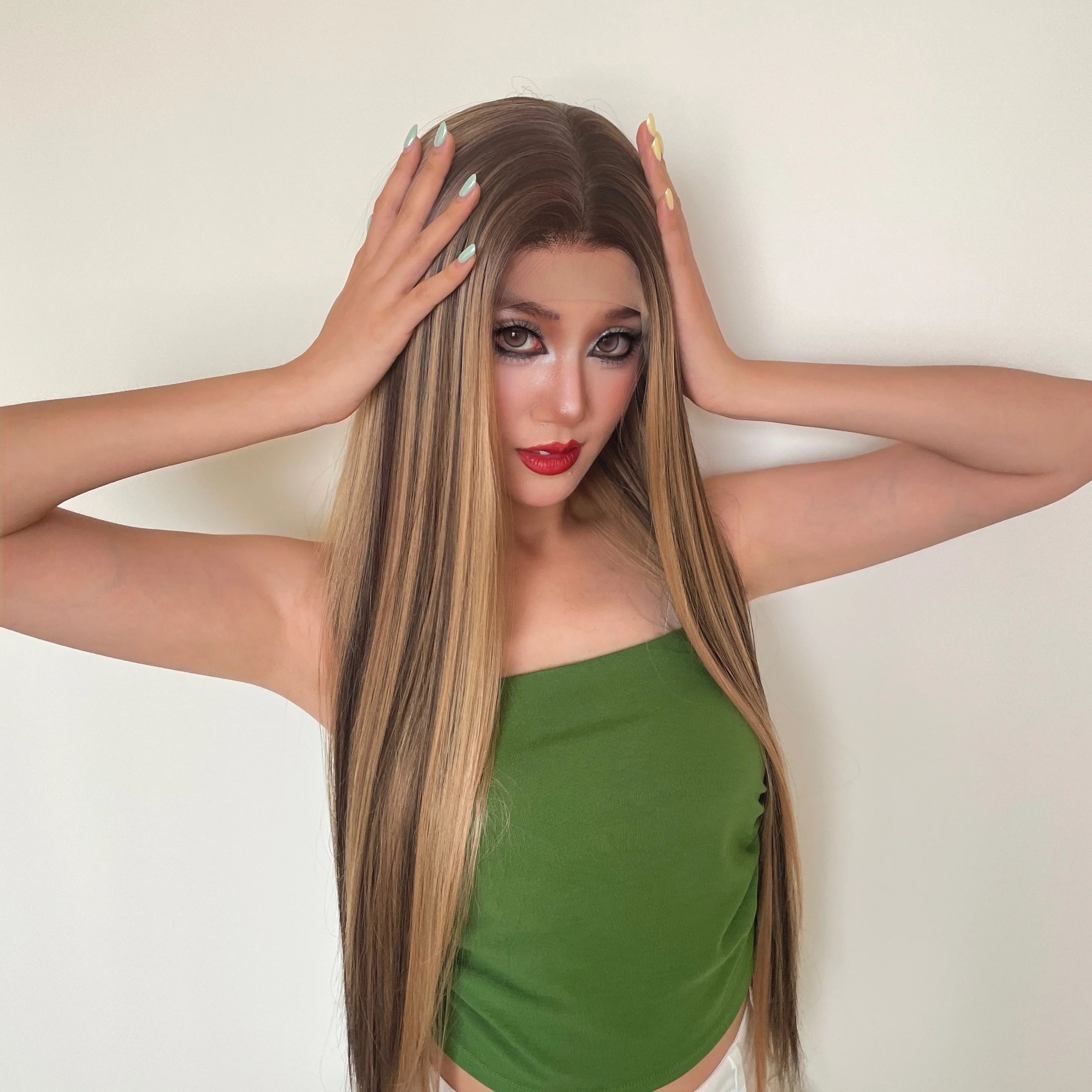Honey Brown Mixed Highlight 13x4 Lace Front Wig for Women 26Inch Glueless Silky Long Straight Synthetic Wig Heat Resistant Party