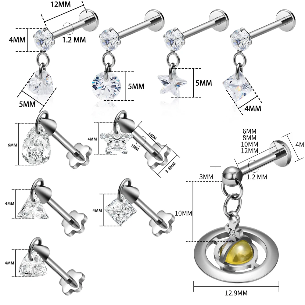 ASTM F136 Titan Gewindelose Dangle Star Pear Triangle CZ Blumen Flat Back Labret Lippen-, Ohr-, Tragus-, Helix-, Knorpelpiercing-Set – Detail 1