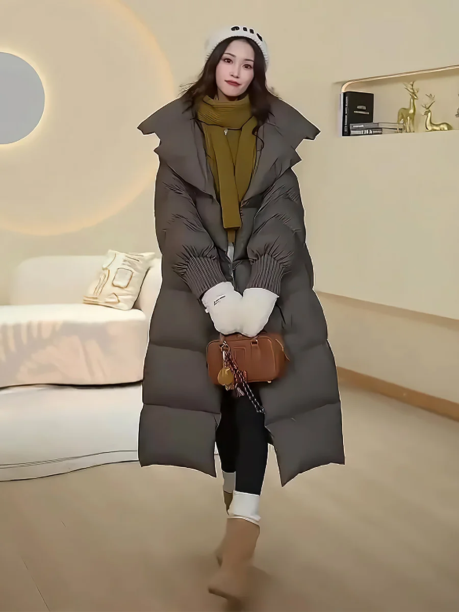 Cappotto invernale da donna in piumino Duet bianco con colletto alla moda, resistente al freddo estremo, da pendolarismo, di media lunghezza