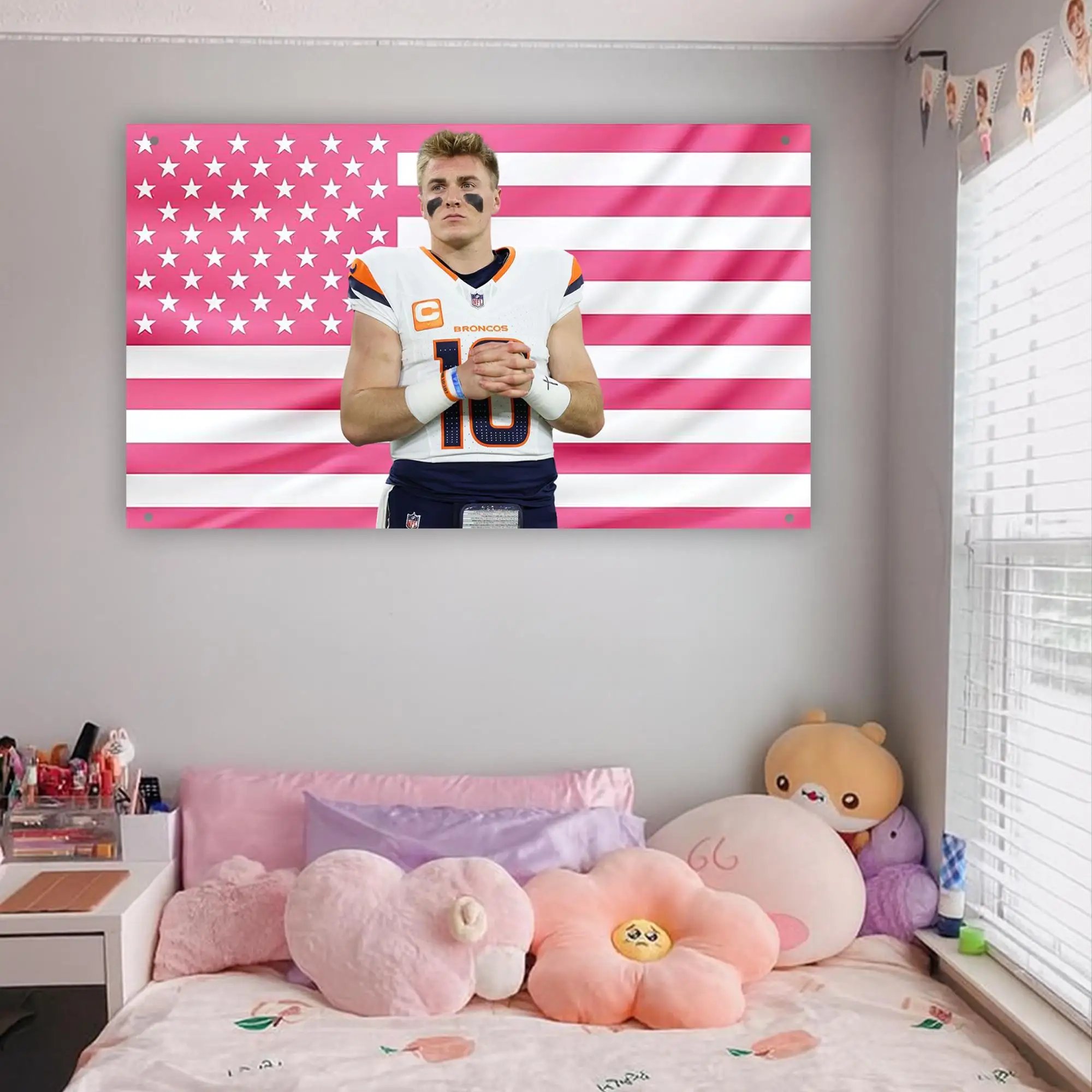 Bo Nix Pink USA Flag | Hot QB Football Tapestry | Denver Quarterback Room Decor | Aesthetic Sports Wall Art for Fans