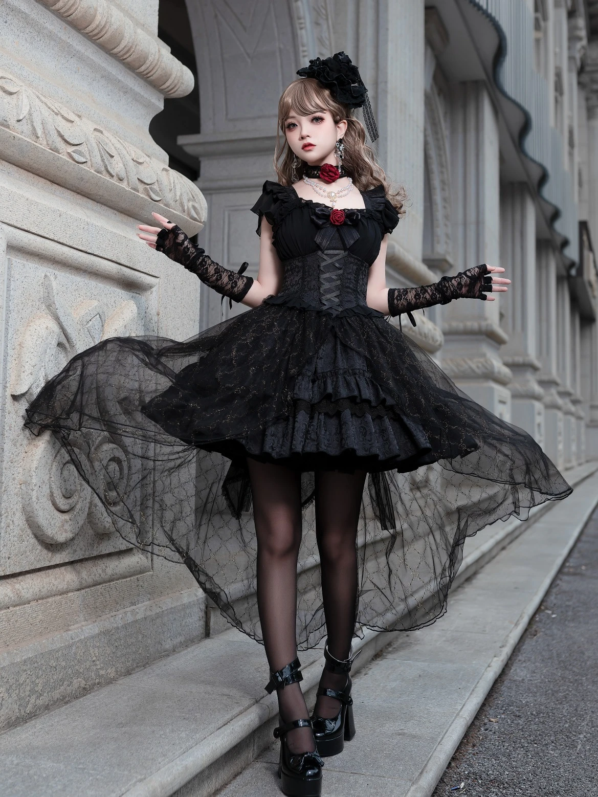 Dark Rose Suspender Dress Gorgeous Trailing Dress Gothic Style Lolita