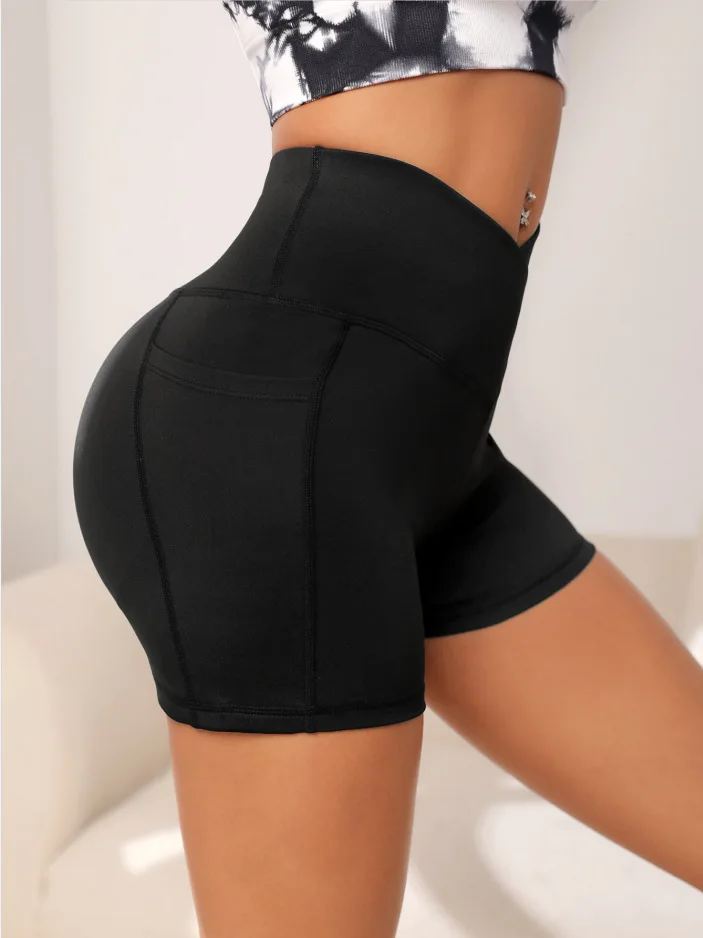 Women High Waist Yoga Sport Biker Shorts for Fitness Cross Waist Pocket Yoga Pant