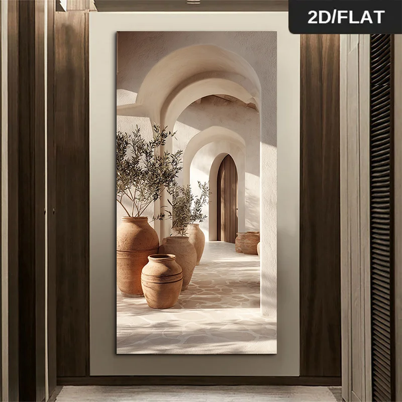 

2D Flat Modern White Greek Vase & Olive Tree Canvas Wall Art - Frameless Mediterranean Beige Painting for Living Room Decortions