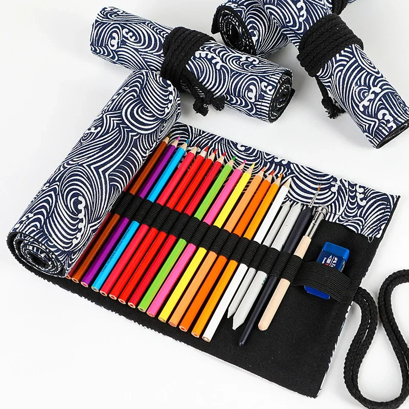 12/24/36/48/72 Holes Canvas Roll Up Pencil Bag Pen Curtain Case Makeup Wrap Holder Storage Pouch School Supplies