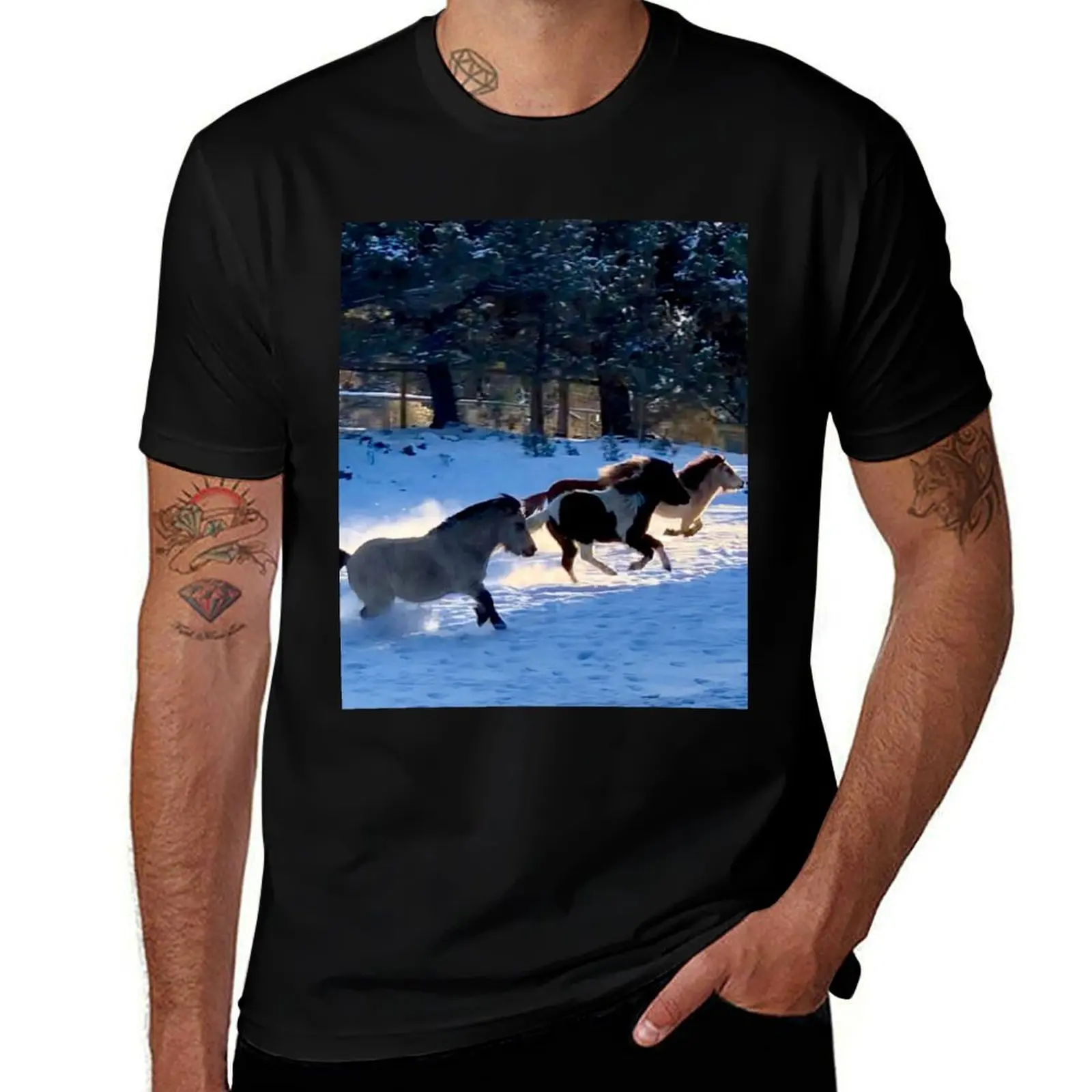 Miniature Mini Horses Winter Snow Running T-Shirt Casual Everyday Short Sleeve T-Shirt