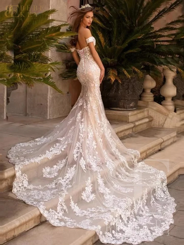 BEBEKEY Elegnt Lace Wedding Dress Customized Off the Shoulder Mermaid Wedding Party Gown Bridal Dresses Formal Gowns image 4