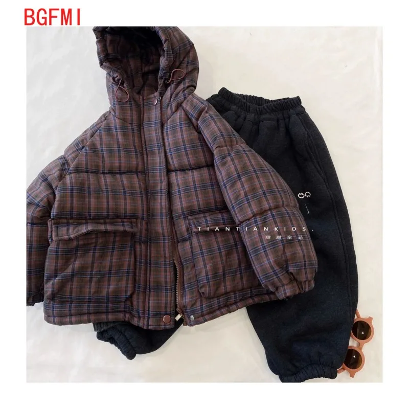 Teenager Boys Plaid Hooded Zipper Thickened Wool Inner Parka Jacket Winter Baby Girl Warm Cotton Coat Overcoat  2-11T Outerwear - view 3
