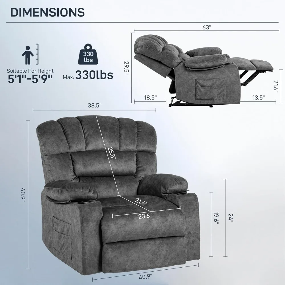 Recliner Chair Massage Heated Modern Ergonomic Lounge Single Sofa Seat Living Room Gravity Recliners 2 Cup Holders & Side Pocket