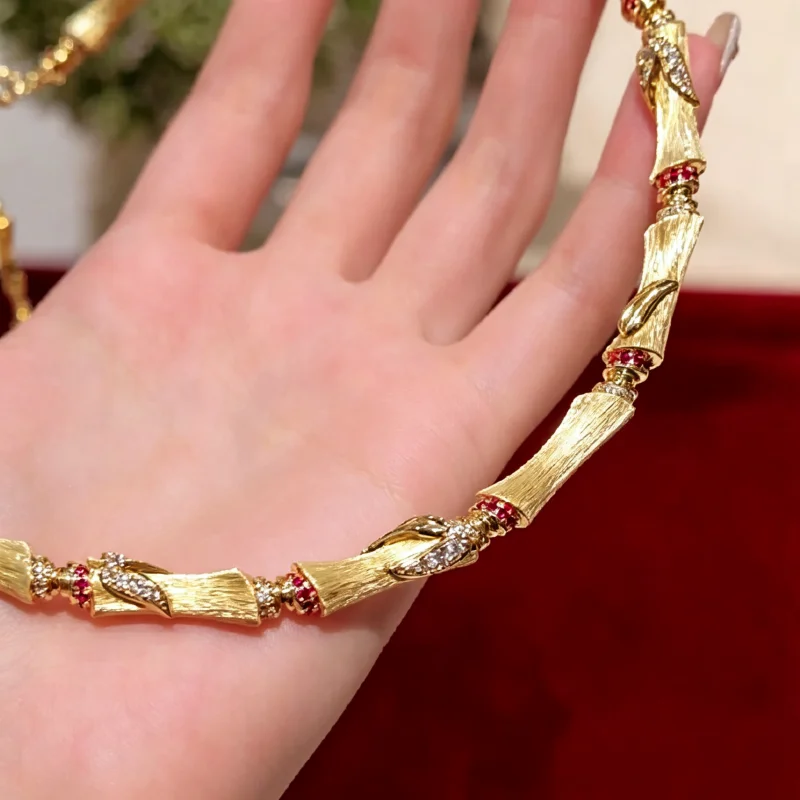 Bellux Vintage Italian Gold Bamboo Necklace Pink White Zircon 925 Silver Necklace Statement Collar Necklace Party Jewelry