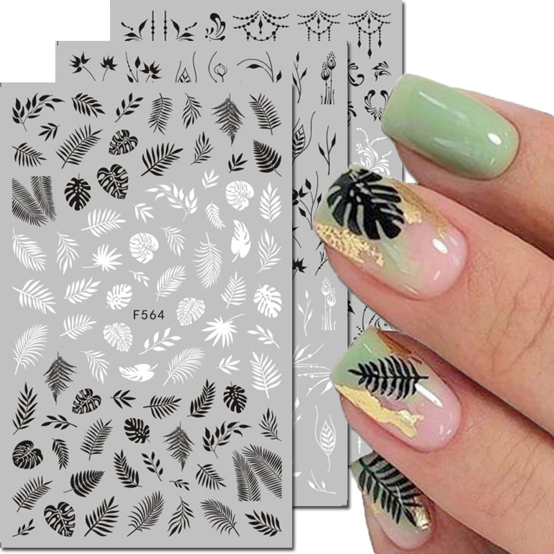 

3d Nail Art Decals Geometric Lines Black White Laces Tropical Palms Leaves Flowers Nail Stickers Decoration For Nail Tips Beauty