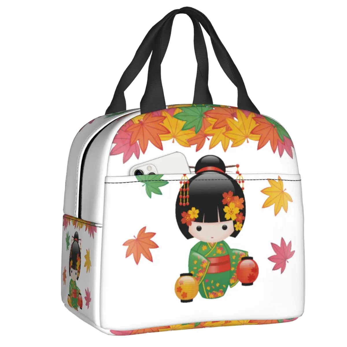 Kokeshi Doll Cherry Blossoms Lunch Bag Women Japanese Geisha Portable Cooler Thermal Insulated Lunch Box for Kids School