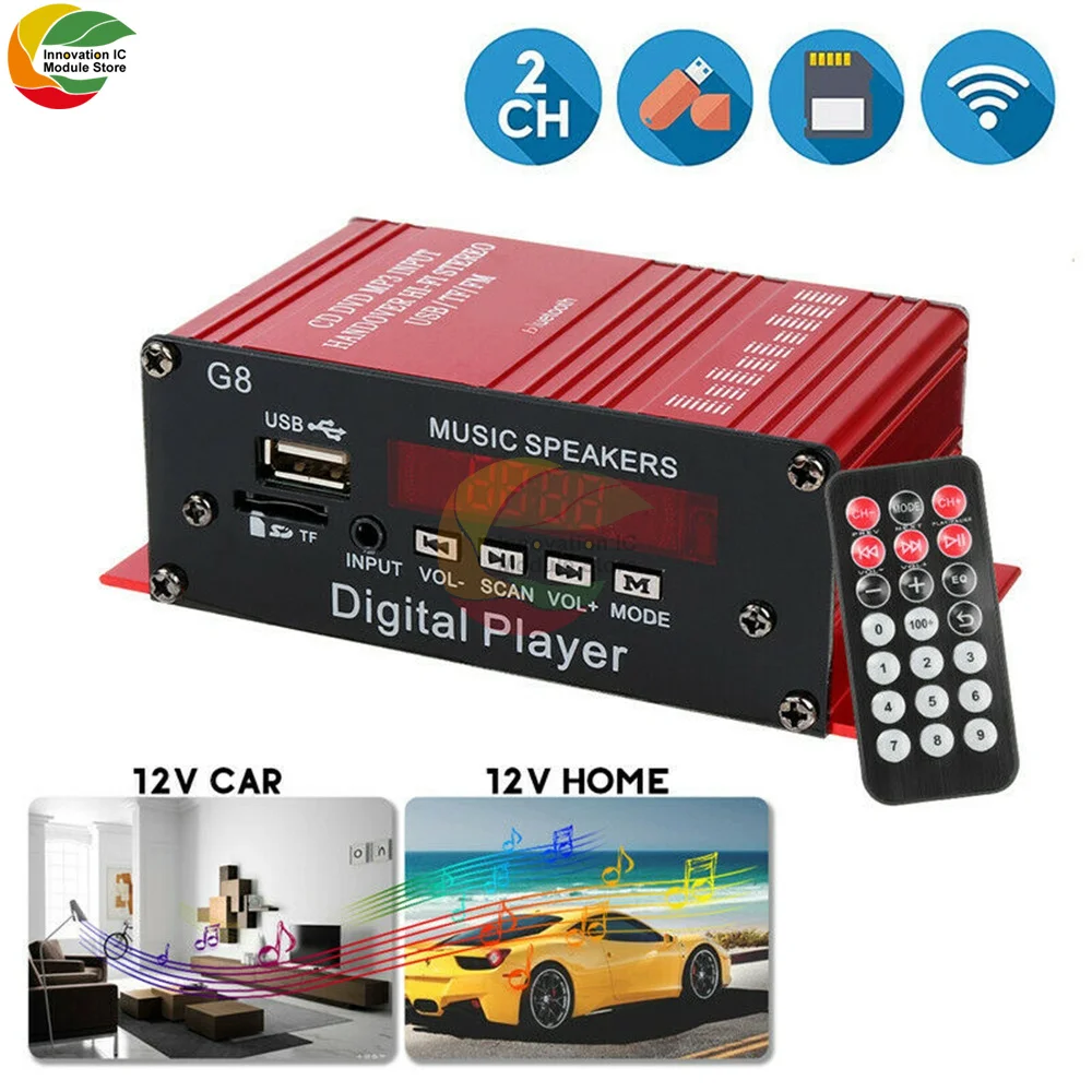 12V 200W 2CH Mini Digital Bluetooth HIFI Audio Power Amplifier Car Audio Amplificador Stereo Amplifiers FM Radio USB W/Remote