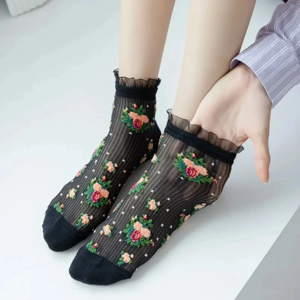 Women Socks Summer Cute Lace Ruffle Flower Embroidery Harajuku Retro Short Socks Thin Mesh Transparent Ankle Frilly Stockings