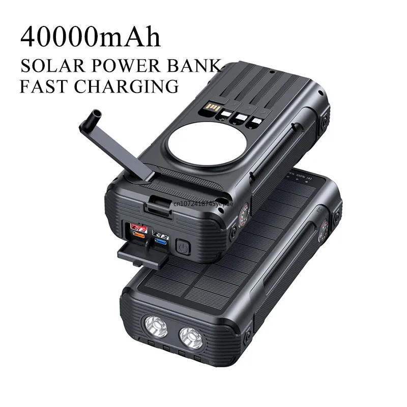 

40000mAh Solar Power Bank with Hand Crank 22.5W Fast Charging Built in Cable Powerbank for iPhone Xiaomi Huawei External Battery