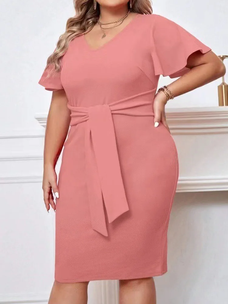 GIBSIE Plus Size Solid Tie Front Bodycon Pencil Dress Women 2024 Summer V Neck Short Sleeve Elegant Office Lady Mini Dresses