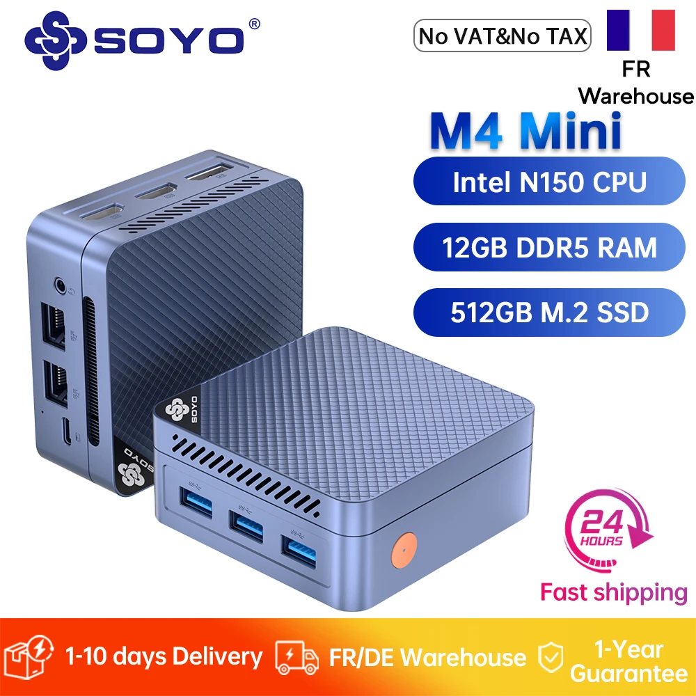 Mini PC SOYO Intel N150 CPU 12 Go de RAM DDR5 512 Go de SSD M.2 Ordinateur de bureau 4K Double HDMI/USB3.2/WiFi 5/BT5.0 pour le bureau et les entreprises