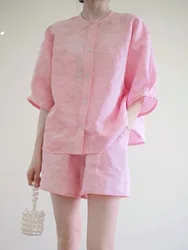 Women's Summer Sweet Pink Linen Casual 2 Two Piece Sets Tracksuits Outfits Round Collar Shirts Tops with Elastic Waist Shorts