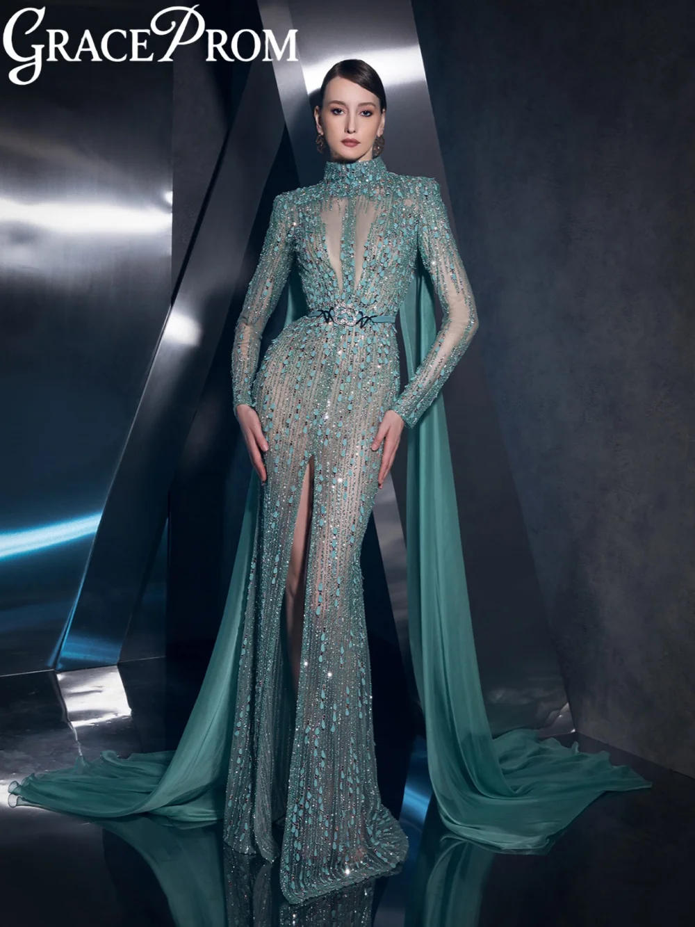 

New Heavy Beaded Mermaid Evening Dress With Slit Stylish High Collar Formal Party Gown Customized Long Sleeved Prom Dresses