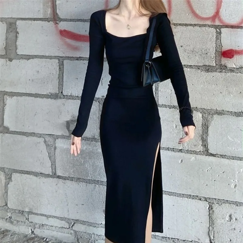 Women\'s Spring Autumn New Fashion Elegant Solid Color Square Neck Korean Versatile Long Sleeve Slim Fit Mid Length Split Dress