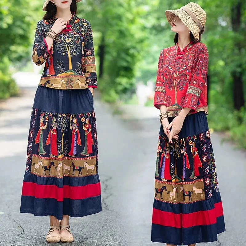 Ethnic Women's Long-sleeved Dress Spring And Autumn New Large-size Printed Cheongsam Top Skirt Two-piece Casual Summer Dress.