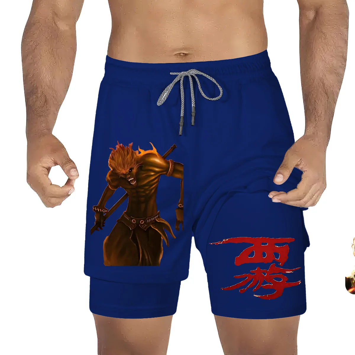 Sunwukongs neueste Sommer-Doppelschicht-Shorts für Sport, Fitness, Schnellt rocknung, Modetrend, chinesische Elemente, Sports horts