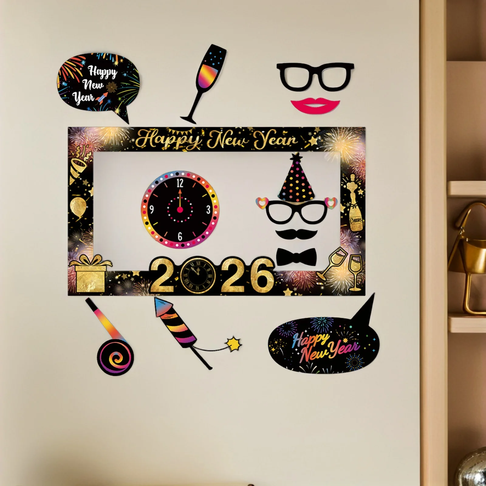 

1Set 2026 New Year Photo Frame Happy New Year Party Glasses Included Complete Festive Props Set for Adults and Colorful