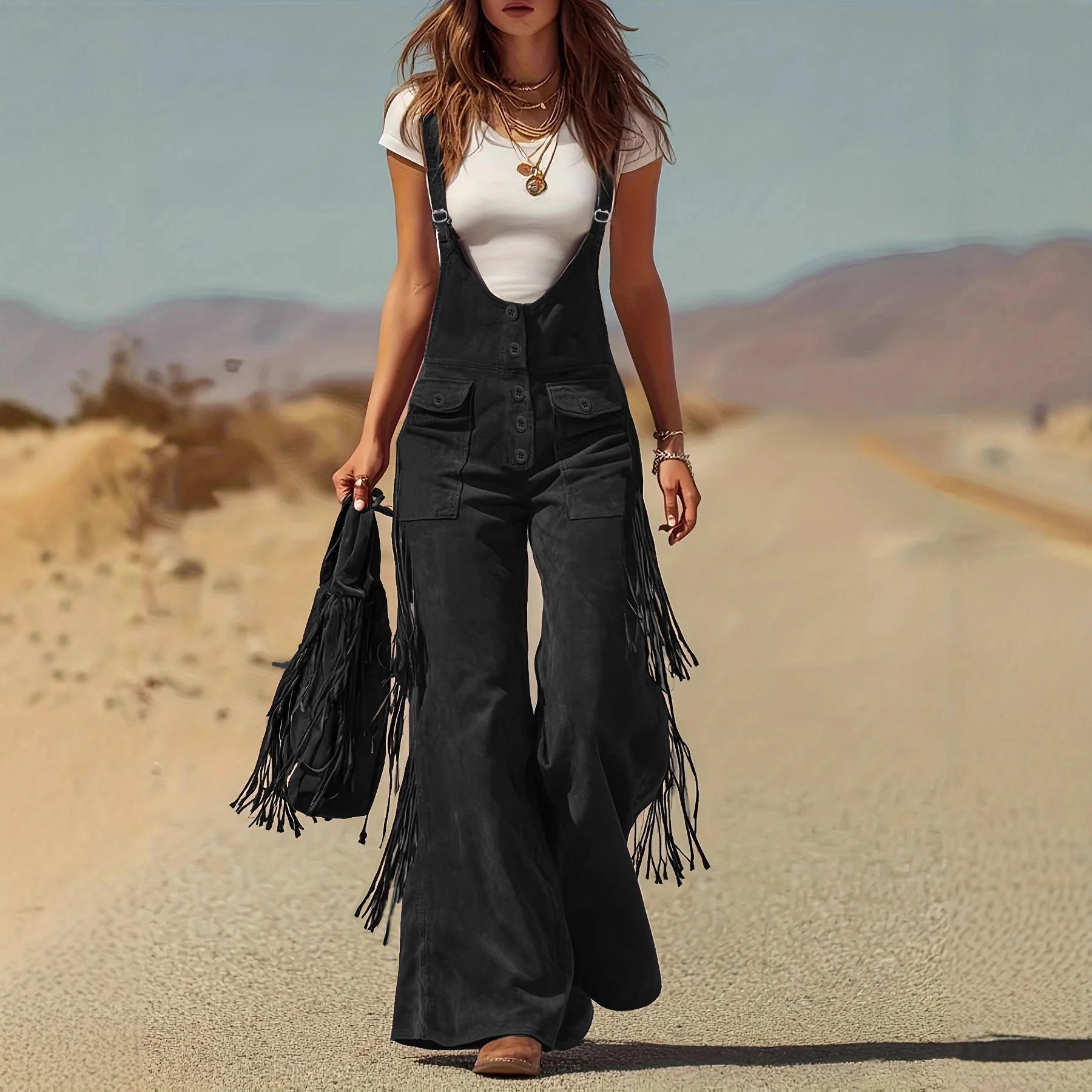 Retro Western Suede Fringe Wide Leg Overalls Workwear Pants Long Trousers for Women Cross-Border Natural Waist Jeans Style
