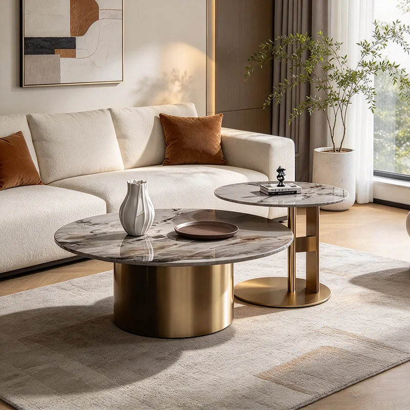 Italian Bright Rock Plate Coffee Tables Nordic Living Room Furniture Home Iron Art Corner Table Light Luxury Oval Side Table Set