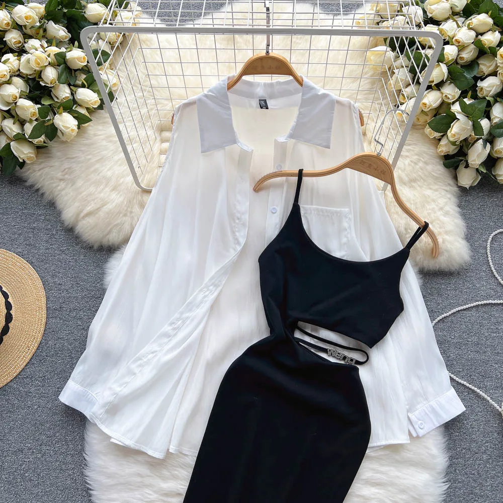 2026 moda feminina duas peças conjuntos lanterna manga blusa camisa topo + novo bodycon cintura fina ruched cinta de espaguete vestido novo