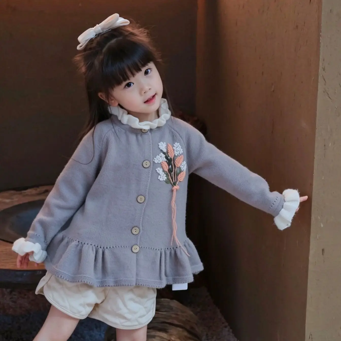 Baby Girl Knit Cardigan, Autumn Winter New, Hand Embroidered Cute Bouquet Sweater, Nordic Ins Style Toddler Girls Knit Outfit